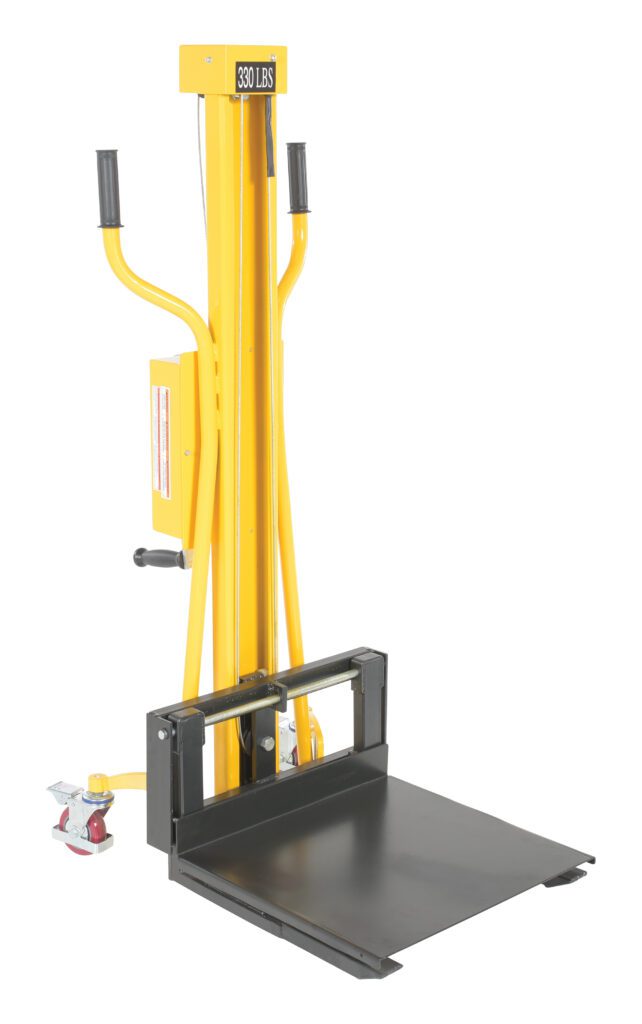 HWL-330_A.jpg The Vestil Portable Hand Winch Lifter 330 Capacity, featuring a yellow frame and black platform, is designed for easy lifting and transport of materials. It includes two sturdy handles and a convenient lever for effortless operation.