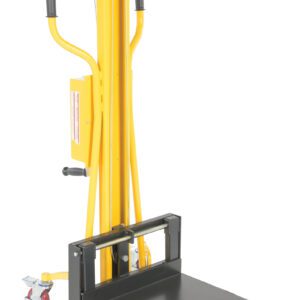 The Vestil Portable Hand Winch Lifter 330 Capacity, featuring a yellow frame and black platform, is designed for easy lifting and transport of materials. It includes two sturdy handles and a convenient lever for effortless operation.