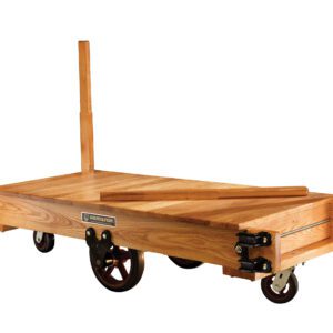 The Vestil Wood Platform Tilting Truck 72 x 36 features a sturdy flat base with vertical posts, ideal for heavy items. It includes a convenient handle and large wheels for easy maneuverability and smooth movement.