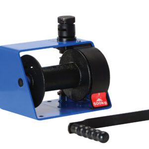 The Vestil Hand Winch - Vertical Handle Worm Gear has a blue hoist, black drum, and vertical handle. It handles 500kg loads with a worm gear mechanism and ribbed handle for secure grip and efficient pulling.