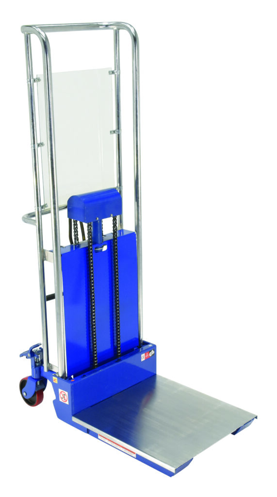 HYD-10-AIR_A.jpg The Vestil Port Air Foot Pump Hefti-Lift 41 X 69 In features a blue and silver design with a wheeled platform, sturdy vertical support, and handlebar for easy operation, ideal for flat loading=