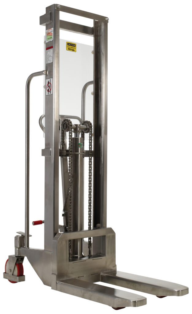 The Vestil Portable SS Hand Pump Hefti-Lift 48x74in is a sturdy stainless steel manual pallet stacker with chains, forks, and a red handle. It features wheels and informative labels, making it perfect for efficient material lifting and transport in industrial settings.