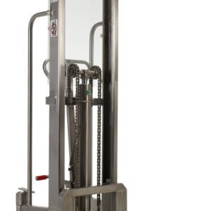 The Vestil Portable SS Hand Pump Hefti-Lift 48x74in is a sturdy stainless steel manual pallet stacker with chains, forks, and a red handle. It features wheels and informative labels, making it perfect for efficient material lifting and transport in industrial settings.