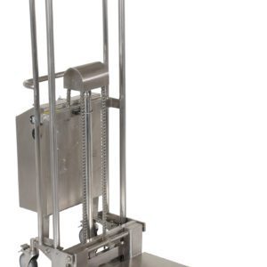 The silver Vestil Portable DC Pwr SS Hefti-Lift 22x25-3/4 is an industrial lifting device with a wheeled base, tall handles, and a flat platform. It features a mechanical lift system for efficient and safe load raising.