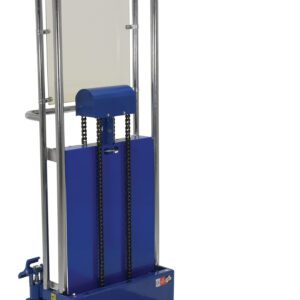 The Vestil Portable Foot Pump Hefti-Lift 41 X 69 In is a blue manual lift table with metal handles and wheels, featuring a vertical lifting mechanism with chain support for optimal use.