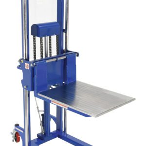 The Vestil Portable Foot Pump Hefti-Lift 51 X 80 In features a blue manual hydraulic design with a metal platform, chains, and wheels. Ideal for industrial or warehouse tasks, it offers a sturdy frame and adjustable height mechanism for efficient heavy lifting and moving.