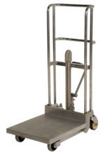 The Vestil Hefti-Lifts stainless steel platform trolley has a handle and wheels for easy transport of heavy items, boasting a flat, sturdy platform with a vertical lever mechanism for precise lifting or lowering.