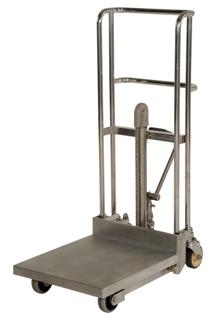 HYD-5-SS_A.jpg The Vestil Hefti-Lifts stainless steel platform trolley has a handle and wheels for easy transport of heavy items, boasting a flat, sturdy platform with a vertical lever mechanism for precise lifting or lowering.