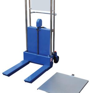 A blue Vestil Portable Foot Pump Hefti-Lift 41 X 54 in, featuring metal forks, black wheels, and a vertical handle for manual lifting, is placed beside a flat metal platform on the ground.