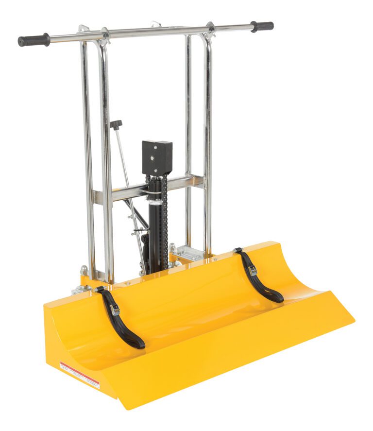 HYD-ROLL-47-LP_A.jpg A yellow industrial snow plow attachment with a sturdy metal frame, hydraulic mechanism, and black handles features a low-profile design for efficient snow clearing on vehicles or machines, similar to the versatile Vestil Roll Lifter Transporter 47 Low Profile.