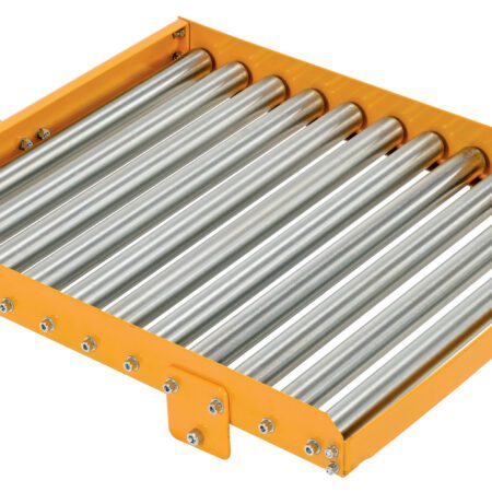 The Vestil Hefti-Lift Attach Roller Platform, with its nine cylindrical metallic rollers encased in an orange frame, is expertly designed for moving items smoothly on flat surfaces, making it ideal for industrial use.