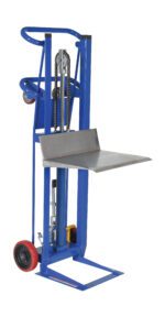 The Vestil Hydra Lift Cart 750 Lb Cap 20 X 16.18 features a blue hydraulic truck with red wheels, a 20 x 16.18 metal platform, and a manual handle and chain mechanism for lifting heavy items to mid-level heights.