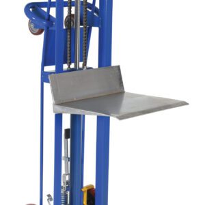 The Vestil Hydra Lift Cart 750 Lb Cap 20 X 16.18 features a blue hydraulic truck with red wheels, a 20 x 16.18 metal platform, and a manual handle and chain mechanism for lifting heavy items to mid-level heights.