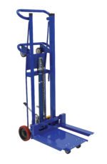 The Vestil Hydra Lift Cart W/18In Forks 750Lb 22X20 features a blue manual forklift design with hydraulic lift and red wheels, supporting up to 750 lbs. Its sturdy handle and adjustable forks make it perfect for heavy item transport, while its compact build ensures easy mobility.