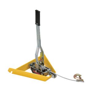 The Vestil Hydra Lift Cart Option-Winch & Hook, in yellow and silver, has a triangular base and a cable-attached metal hook. Its long handle with a black grip is ideal for easily pulling or lifting heavy loads.