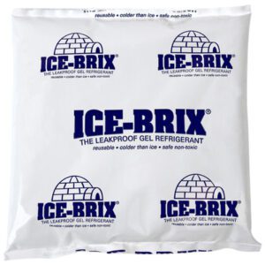 The image features a 12 oz. Leakproof Gel Refrigerant Ice-Brix® Cold Pack, measuring 6 x 5 3/4 x 1. Its reusable, colder than ice, and non-toxic, with blue igloo graphics on a white background. Available in cases of 24 for convenience.
