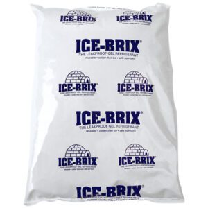 The 10 1/4 x 8 x 1 1/2 - 48 oz. Ice-Brix® Cold Packs, labeled The leakproof gel refrigerant, are reusable, colder than ice, safe, and nontoxic. They provide reliable cooling in every six-pack case.