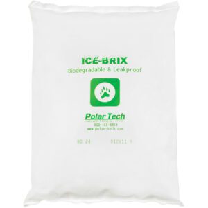 The white Polar Tech Ice-Brix® pack, labeled with green text and a paw print logo, is biodegradable and leakproof. It measures 8 x 6 x 1 1/4, weighs 24 oz., comes in cases of 24, and includes brand contact details below.