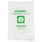 The ICE-BRIX pack, featuring a green paw print and labeled Biodegradable & Leakproof, is white, measures 6 1/4 x 4 x 3/4, and weighs 8 oz. The company name Polar Tech Industries Inc. and their website are printed on it. Available in cases of 72.