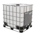 The Vestil Intermediate Bulk Container 275 Gal Cap includes a large white tank in a steel cage on a sturdy black plastic pallet, with a top capped opening and bottom valve for easy dispensing.