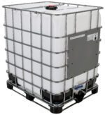 The Vestil Intermediate Bulk Container 330 Gal Cap features a sturdy metal cage, a black pallet base, a bottom valve for easy dispensing, and a top red cap for convenient filling.