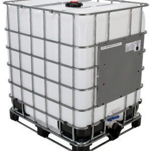 The Vestil Intermediate Bulk Container 330 Gal Cap features a sturdy metal cage, a black pallet base, a bottom valve for easy dispensing, and a top red cap for convenient filling.