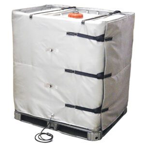The Vestil Wrap-Around Tote Tank Heater 48In insulates your gray IBC tote with secure black straps and buckles, a base power cord, and sits on a black pallet with an orange cap for added security and functionality.