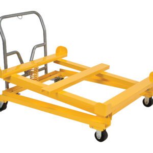 The Vestil Tilting Cart For Intermediate Bulk Container has a yellow wheeled platform, sturdy frame, and metal handle. Its flat base with a spring mechanism and four caster wheels makes moving heavy items effortless.