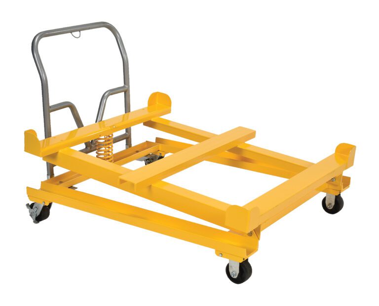 The Vestil Tilting Cart For Intermediate Bulk Container has a yellow wheeled platform, sturdy frame, and metal handle. Its flat base with a spring mechanism and four caster wheels makes moving heavy items effortless.