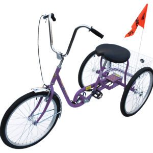 The Vestil Standard Industrial Bicycle 250Lb Purple is a tricycle with a large front wheel, two smaller rear wheels, a black seat, chrome handlebar, and white rear basket. It includes an orange safety flag for visibility and can carry up to 250 lbs.
