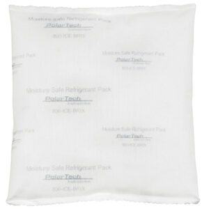 The Tech Pack™ Moisture Safe refrigerant pack is white, measures 6 1/4 x 6 x 1, weighs 16 oz., and features branding and a contact number. Its fabric-like material is perfect for securing contents. Available in cases of 36.