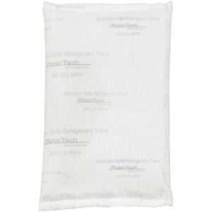 The 6 1/2 x 4 x 3/4 white pack has light gray text: Moisture Safe Refrigerant Pack and Polar Tech. This rectangular, padded, 8 oz. Tech Pack™ is crucial for shipping items cool and is sold in a convenient (72 Case/Skid) packaging.