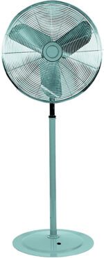 The Vestil Oscillating Pedestal Fan 27 X 27 X 65.5 features a circular metal grille, a three-blade propeller in light teal, and stands on an adjustable pole with a round base, offering both style and functionality.