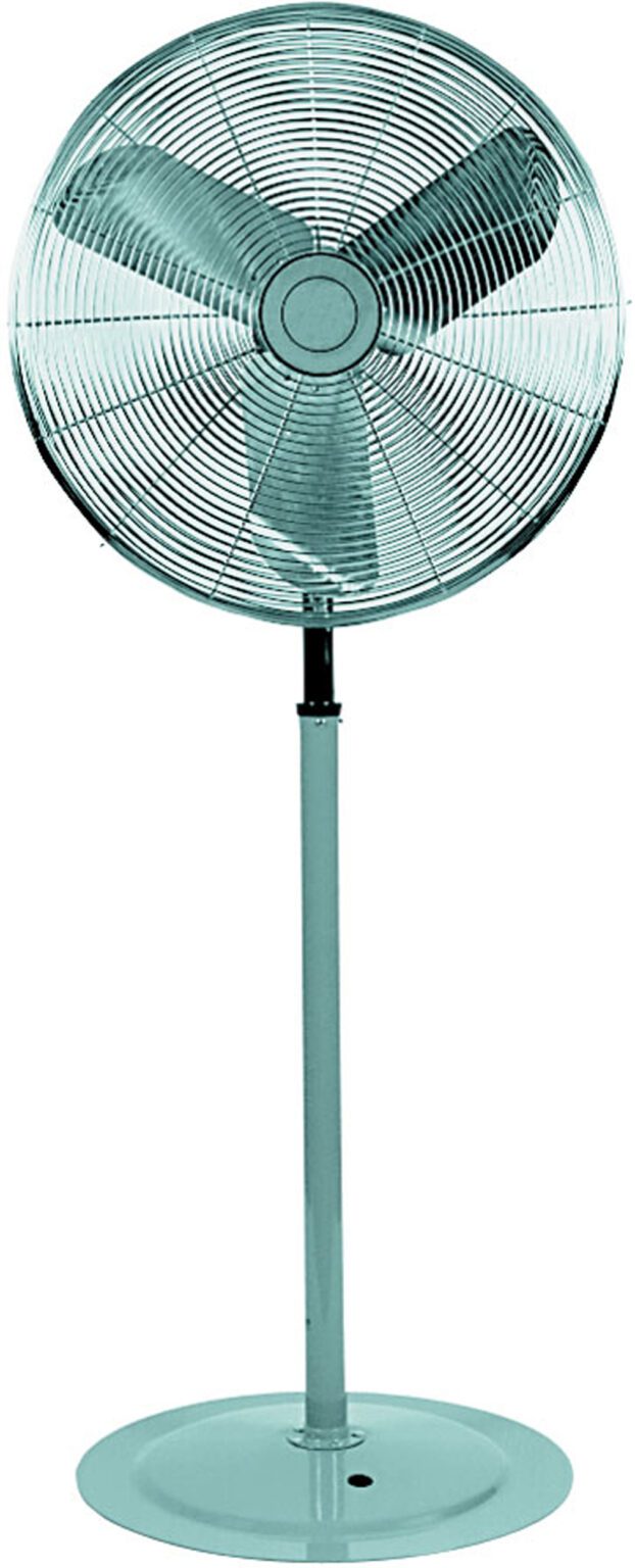 The Vestil Oscillating Pedestal Fan 27 X 27 X 65.5 features a circular metal grille, a three-blade propeller in light teal, and stands on an adjustable pole with a round base, offering both style and functionality.