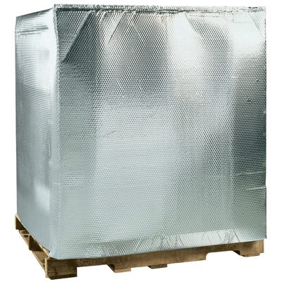 INC484060.jpg The MH-USA 48 x 40 x 60 Cool Barrier Bubble Pallet Cover (5/Case) features silver reflective insulation and bubble wrap design, effectively protecting pallet contents from temperature fluctuations.