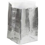 An upright, reflective silver insulated bag with a bubble-wrap texture reveals its interior. Similar to the efficient design of MH-USA 10 x 10 x 10 Insulated Box Liners (25/Case), its ideal for maintaining temperature.