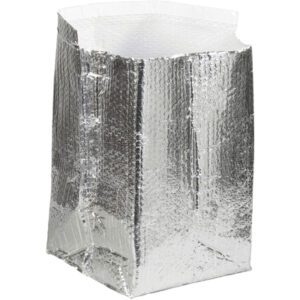 A reflective, silver thermal bag stands upright, similar to the MH-USA 12 x 12 x 12 Insulated Box Liners, featuring a textured bubbled surface for insulation. Designed for hot or cold contents, the open top reveals the same texture inside.
