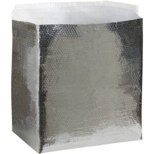 The image showcases a metallic thermal insulation bag with a reflective, bubble-textured surface, similar to the MH-USA 14 x 10 x 10 Insulated Box Liners (25/Case). It stands open at the top and upright, ready for effective temperature control.