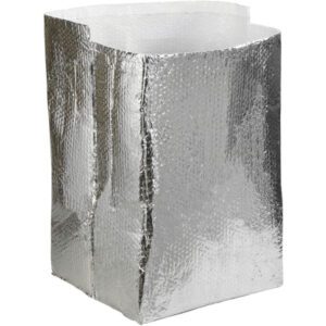 The MH-USA 20 x 20 x 20 Insulated Box Liners (10/Case) are silver, reflective, rectangular insulated bags with open tops. Made from foil-covered bubble wrap, they expertly maintain the temperature of items placed inside.