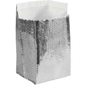A shiny silver insulated bag, upright with a bubble wrap-like texture and a white interior, resembles MH-USA 6 x 6 x 6 Insulated Box Liners (25/Case), designed for effective cooling and insulation.