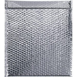 The MH-USA 15 x 17 Cool Barrier Bubble Mailers (50/Case) feature a silver metallic, textured, reflective surface to insulate and protect items during shipping.