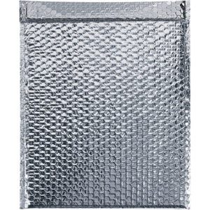 The MH-USA 18 x 22 Cool Barrier Bubble Mailer is silver and textured, sold in packs of 50 per case, rectangular with a top flap for secure mailing.