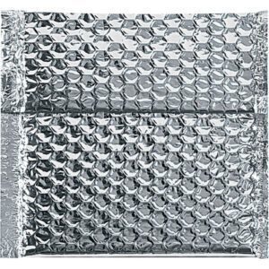 The MH-USA 6 x 6 1/2 Cool Barrier Bubble Mailers feature a reflective silver surface with bubble wrap texture and provide secure packaging. Sold at 100 per case, they offer a stylish mailing solution.