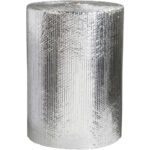 The MH-USA 24 x 125 Cool Barrier Bubble Roll stands upright with a reflective silver insulation material, showcasing a textured, metallic finish and an elongated hexagon pattern.