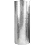 The MH-USA 60 x 125 Cool Barrier Bubble Roll features a textured, shiny silver surface and stands vertically in a cylindrical shape, offering practicality and efficiency with its 125 feet per roll.