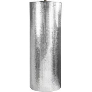 The MH-USA 60 x 125 Cool Barrier Bubble Roll features a textured, shiny silver surface and stands vertically in a cylindrical shape, offering practicality and efficiency with its 125 feet per roll.