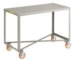 The Little Giant Mobile Tables - 2 shelf features a flat rectangular top, simple frame, and two versatile storage shelves. It has four orange caster wheels and diagonal support bars that enhance stability, offering a perfect mix of mobility and durability.