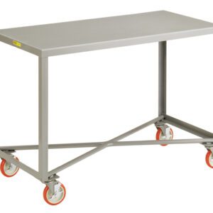 The Little Giant Mobile Tables - 2 shelf features a flat rectangular top, simple frame, and two versatile storage shelves. It has four orange caster wheels and diagonal support bars that enhance stability, offering a perfect mix of mobility and durability.