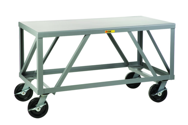 The Little Giant Extra Heavy Duty 7 Gauge Steel Mobile Table boasts a gray metal top and durable frame with four large black caster wheels, enhanced by diagonal support beams and a small front label to ensure robust durability and easy mobility for any workspace.