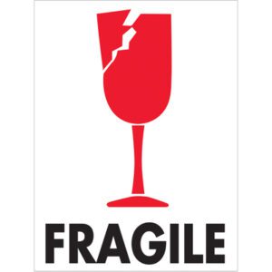 The MH-USA 3 x 4 Fragile labels (500/roll) feature a red wine glass icon with a crack above the bold word FRAGILE, on a white background, clearly indicating items need careful handling.